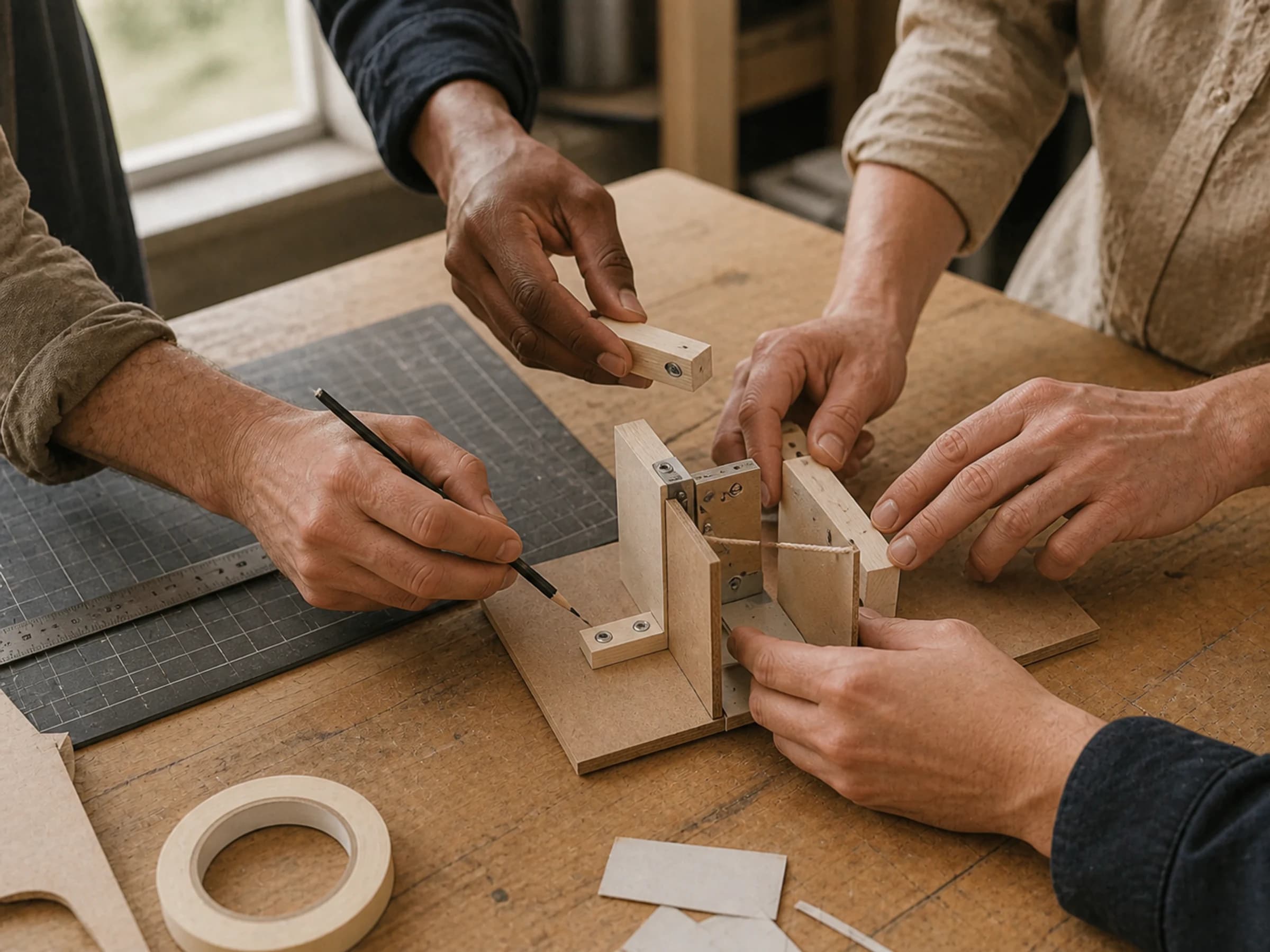 Equipo construyendo y ajustando colaborativamente un prototipo físico